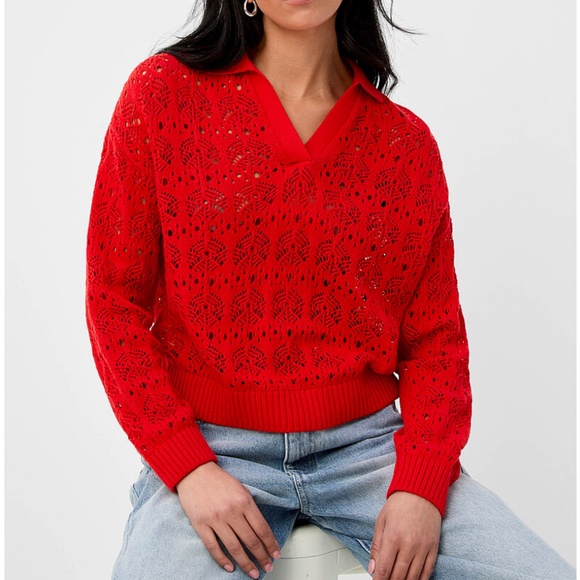 Saint Tropez red Johnny collar openwork crochet sweater NWT - Picture 1 of 11